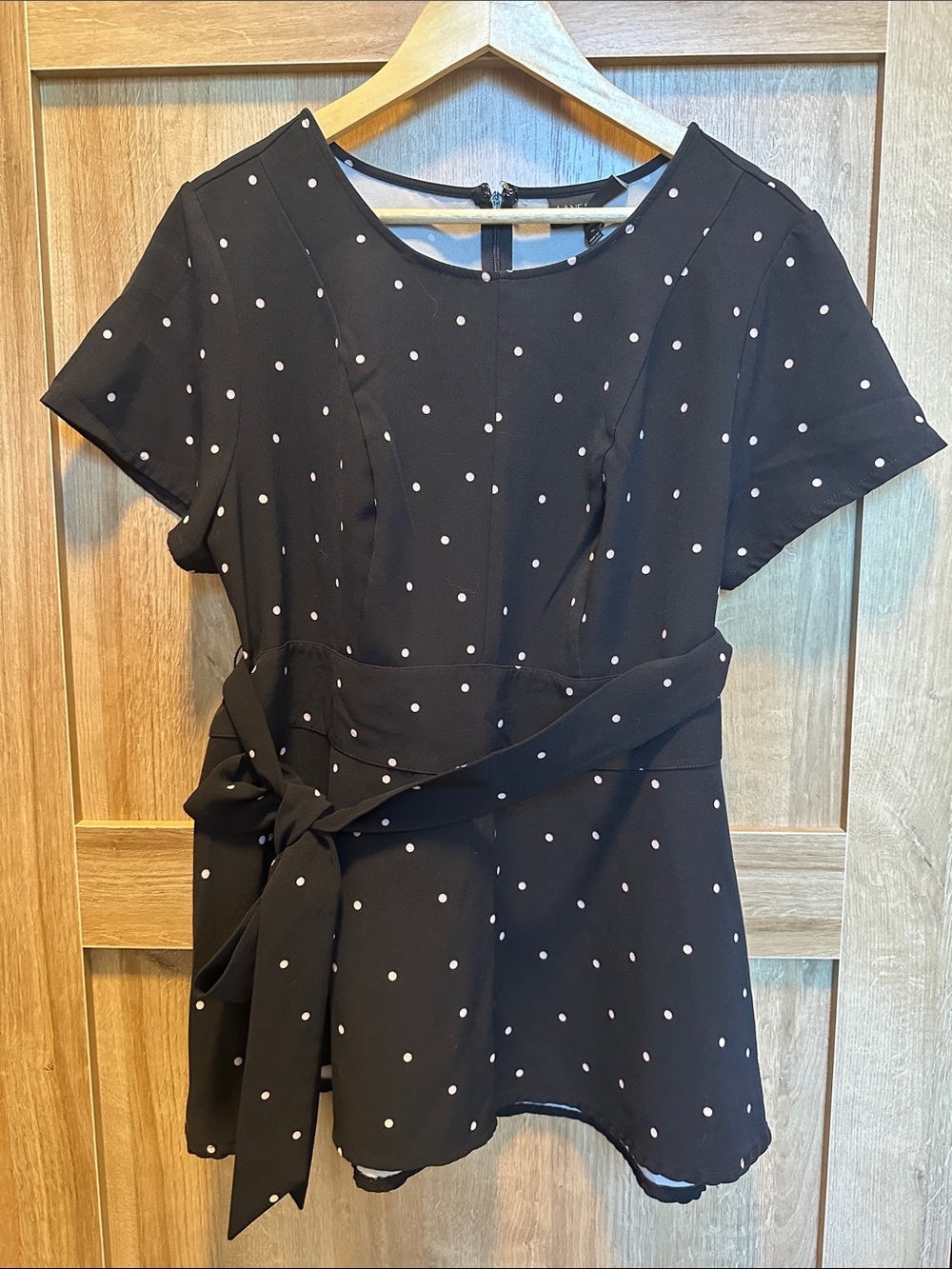 Lane Bryant Black Polka Dot Waist-Tie Peplum Top